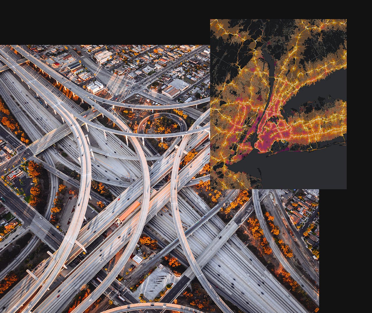 Vue aérienne d’autoroutes interconnectées et de bâtiments urbains à côté d’une image en encart d’une carte numérique du sol avec des itinéraires en jaune