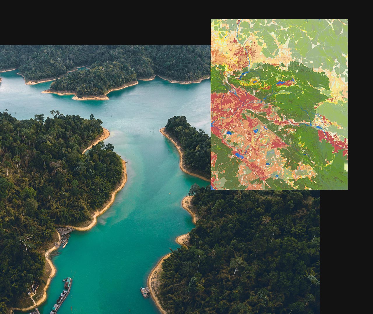 Îles couvertes d’arbres verts au milieu d’un océan bleu à côté d’une carte numérique en encart