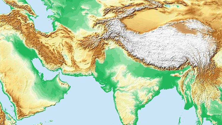 Carte de terrain du Moyen-Orient et de l’Asie du Sud-Est. 