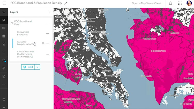 Carte de densité de population et de haut débit de la FCC avec les limites des secteurs de recensement.