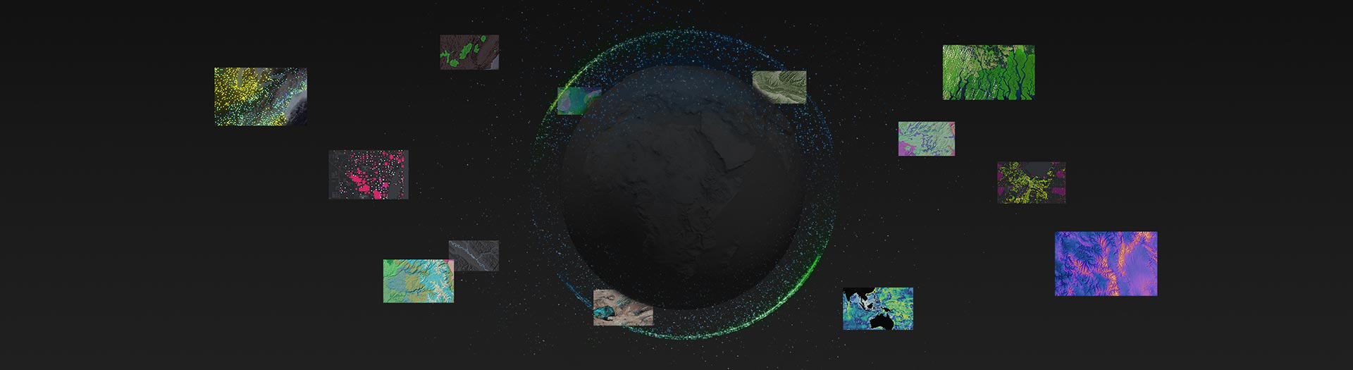 13 cartes colorées avec des images, des points et des types de terrain autour d’un globe lumineux
