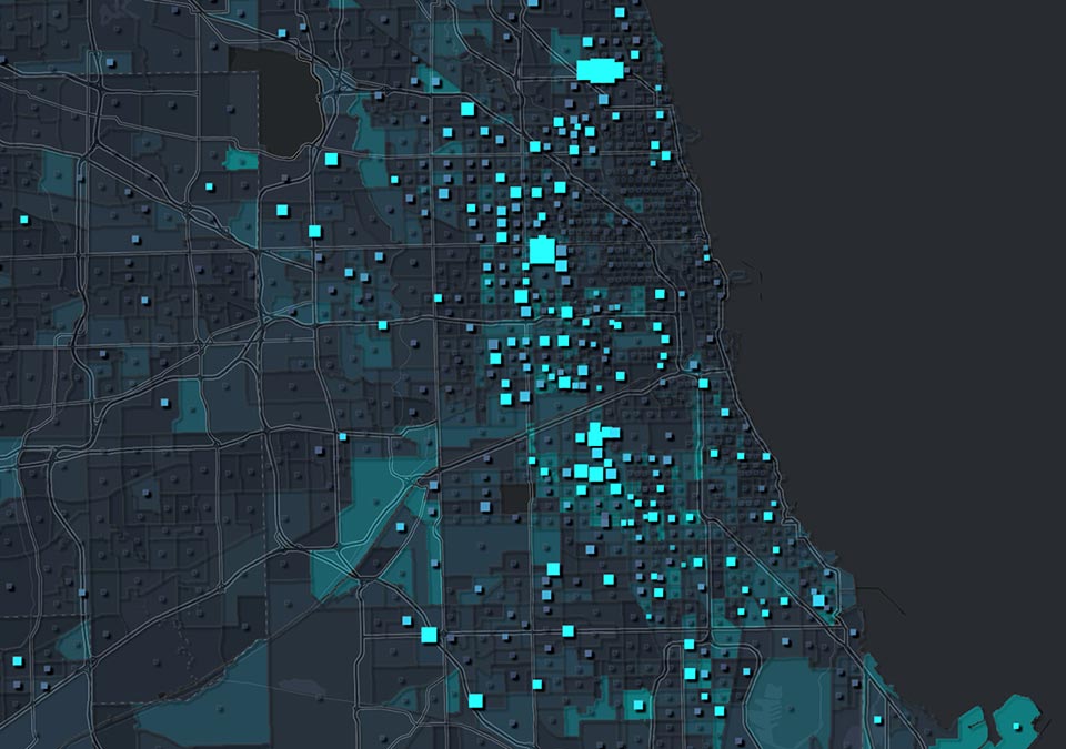 Carte de la côte ouest de la Floride avec des rectangles en bleu-vert et bleu de taille variée. 