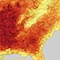 Map of the Southeastern United States showing climate data in red, orange, and yellow.