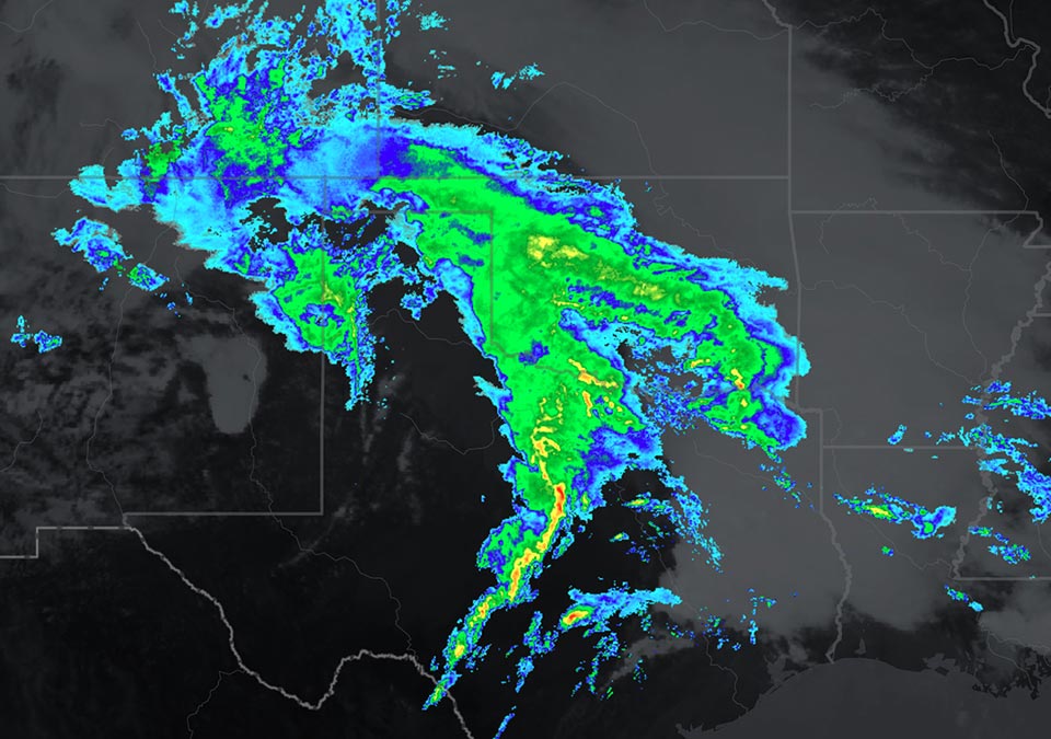 Carte d’une tempête au-dessus du Texas et de l’Oklahoma.
