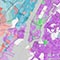 Map of New York City with parcels shaded purple, blue, red, and white. 