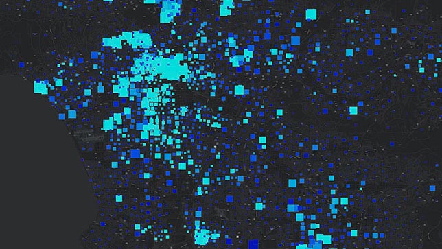 Zone d’une carte comportant des carrés de différentes tailles dans différents tons de bleu représentant des données