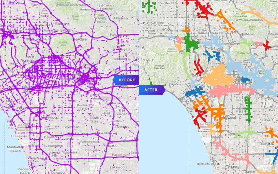Carte "avant": milliers de points violets parsemés à travers un réseau routier. Carte "après": les points sont maintenant rassemblés en groupes colorés, identifiant le fait qu'elles ont des attributs similaires.
