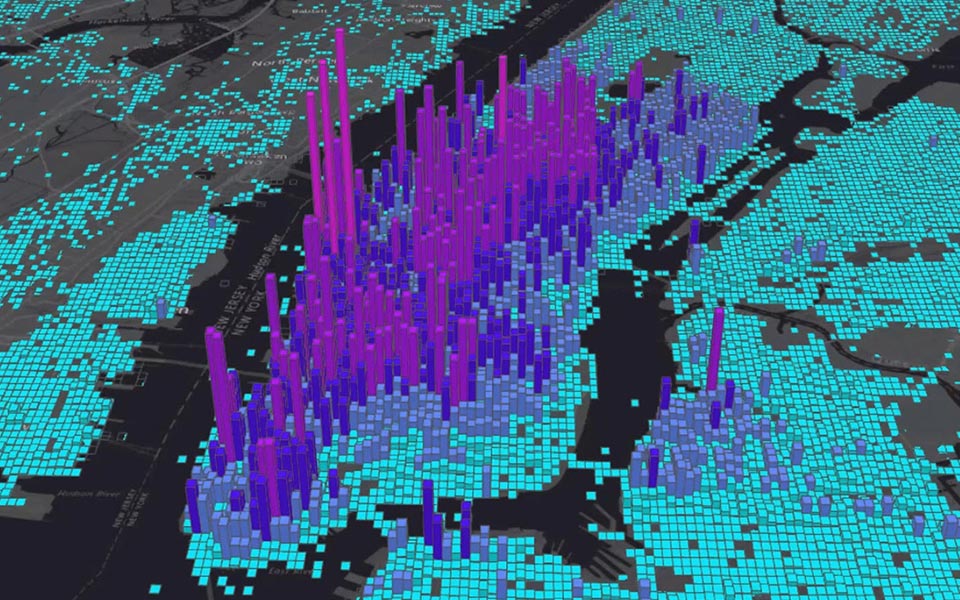 Carte affichant des cubes 3D empliés de couleurs allant du turquoise au violet foncé à travers New York City, indiquant le volume.