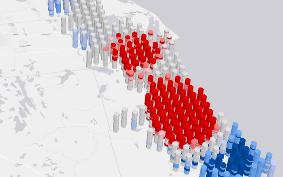 Carte montrant l'analyse spatiotemporelle d'une zone (avec hexagones allant du bleu au rouge pour indiquer les points chauds).