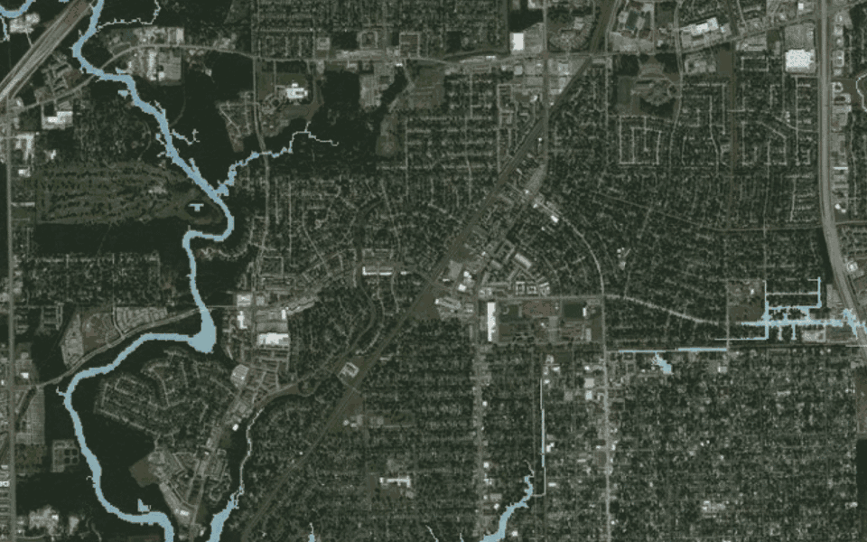 GIF animé montrant où les inondations de canaux surviennent à travers le temps, et mettant en surbrillance les zones à risque.