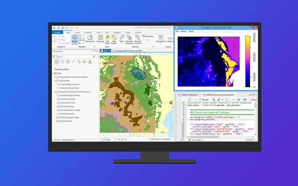 Écran d'ordinateur affichant des cartes de couverture et scripts R dans ArcGIS Pro.