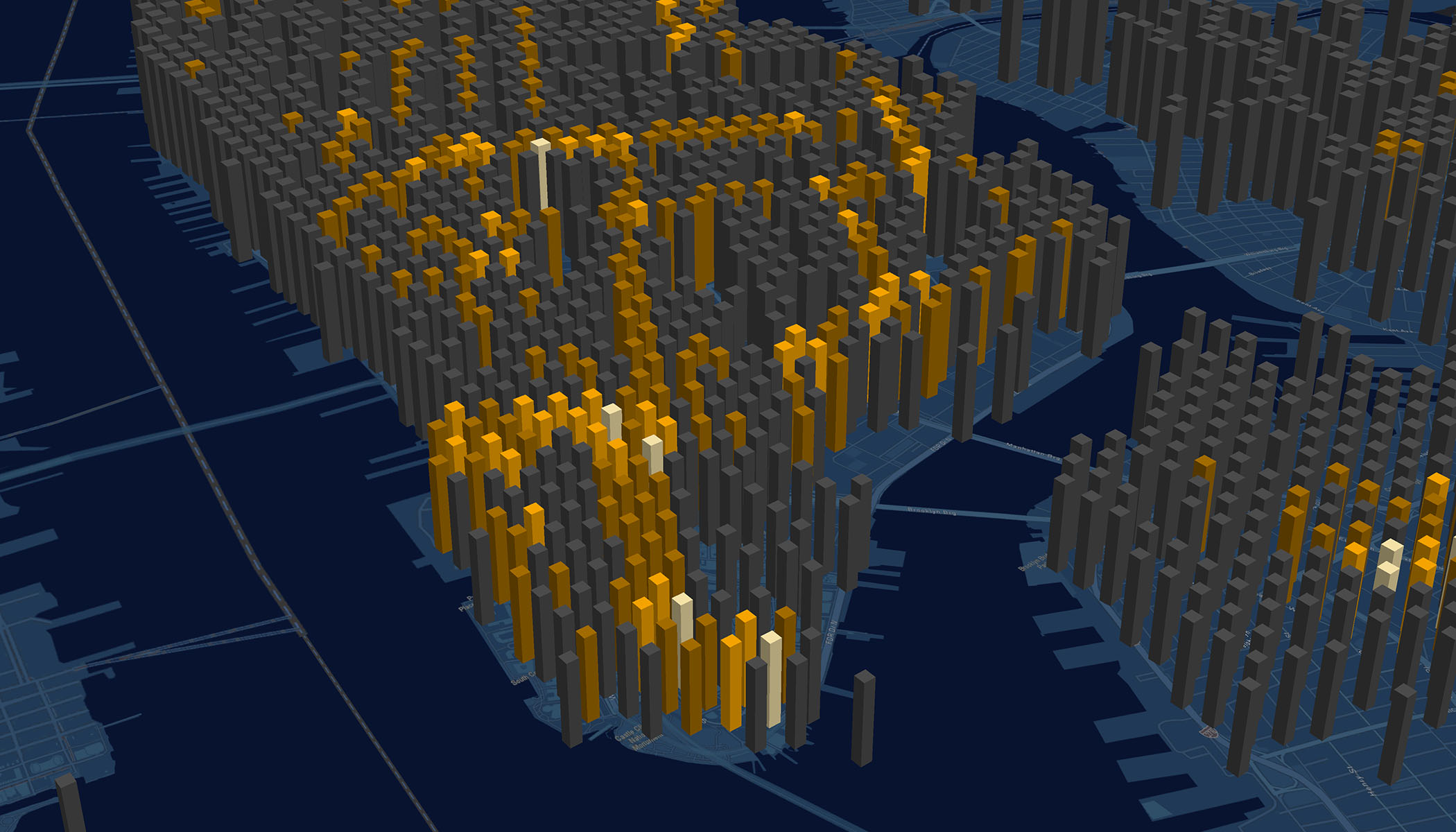 Visualisation d’une carte 3D avec de grandes colonnes de différentes hauteurs et couleurs allant du gris au jaune pour représenter l’intensité des données dans différentes zones sur une grille bleu foncé.