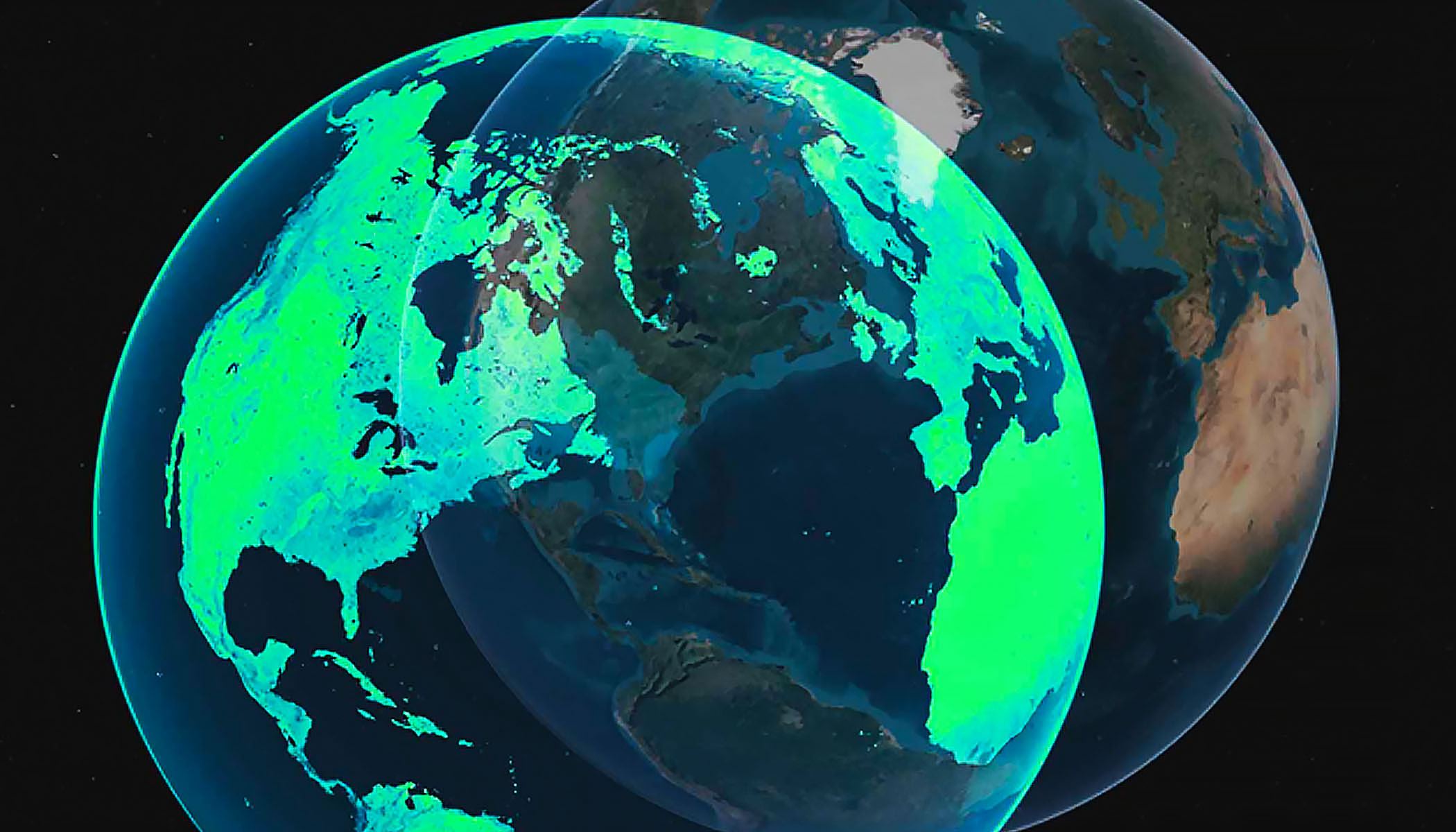 Rendu numérique de deux globes terrestres qui se chevauchent sur lesquels l’Amérique du Nord et l’Amérique du Sud sont représentées en vert vif pour indiquer la couverture des données.