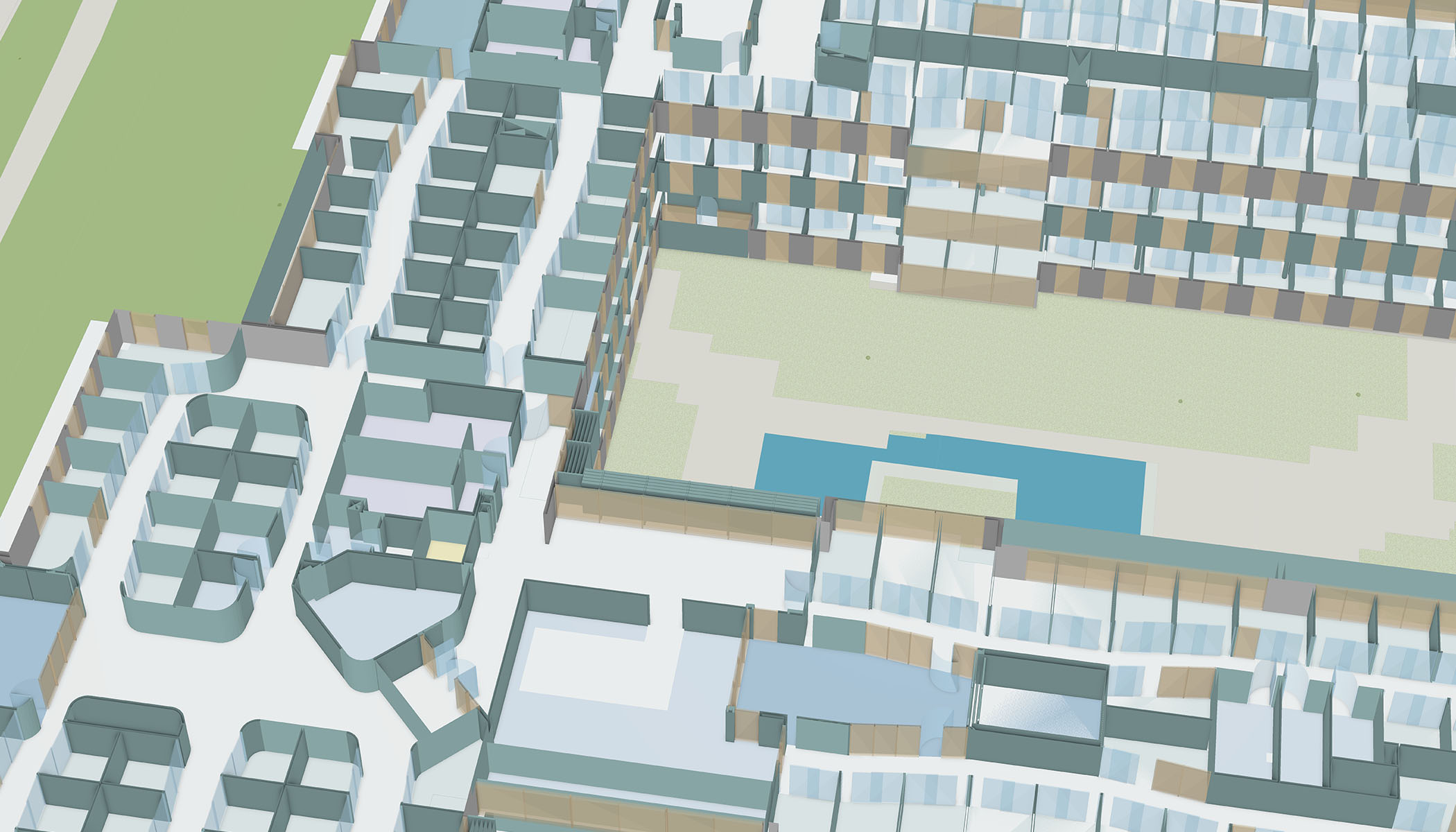Visualisation 3D d’un plan d’étage d’un grand bâtiment représentant les pièces, les couleurs et les espaces ouverts avec différentes teintes de bleu, de blanc et de beige, avec une zone verte à l’extérieur.