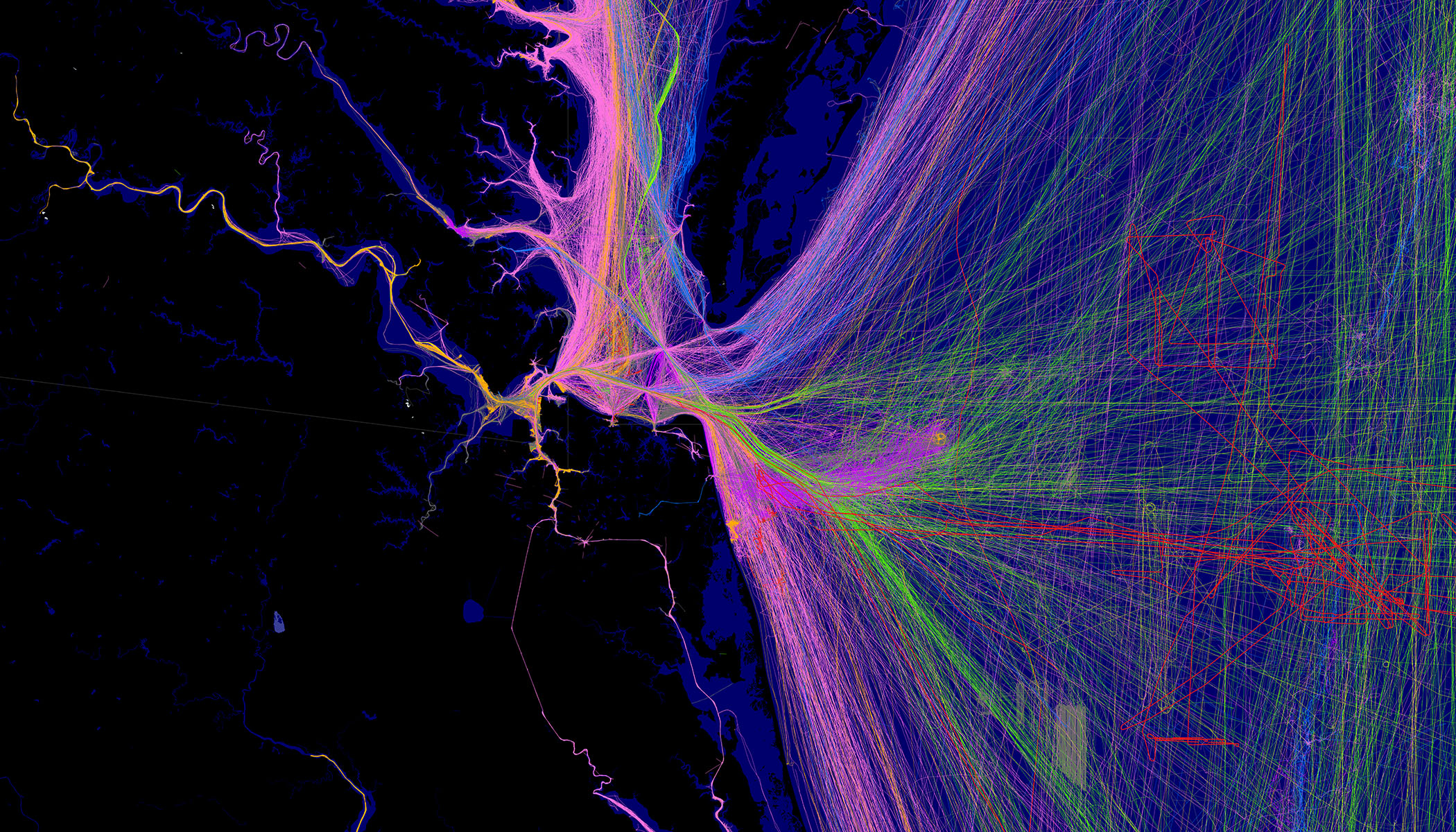 Visualisation des données en temps réel des modèles de transport et de déplacement, avec des lignes fluo violettes, roses et vertes sur une carte sombre, représentant les parcours à fort trafic.