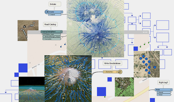 Modélisations 3D d'un volcan et diagrammes de workflow avec formules pour ArcGIS