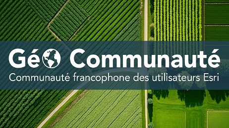 Logo de la Géo Communauté devant une image hors nadir de champs agricoles.