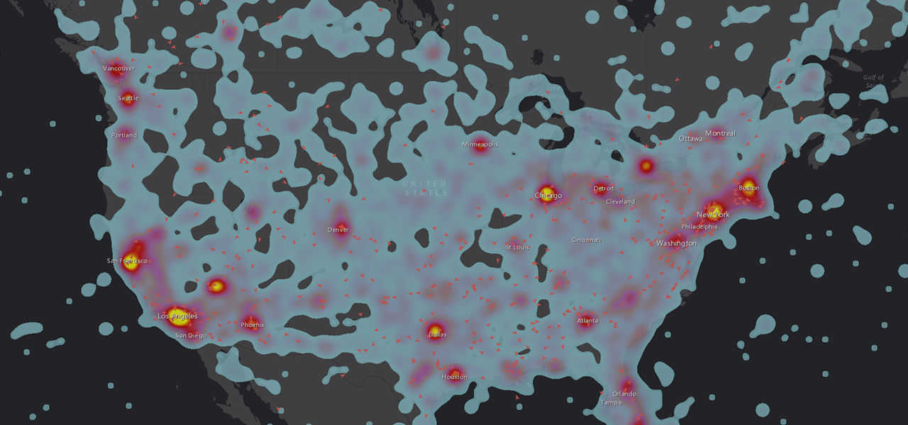 Carte de chaleur bleue pastel au fond gris foncé. Les points de chaleur vont du rouge au jaune intense.