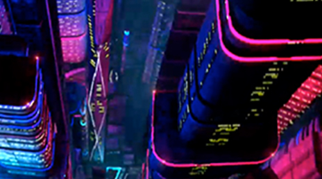 Ville aux couleurs néon et futuristes conceptualisée grâce à la 3D.