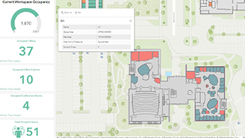 Tableau de bord dans un SIG Indoor illustrant une interface d’aménagement des espaces de bureau avec des données de localisation, une carte indoor numérique et des données numériques