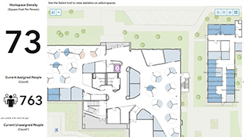 Tableau de bord d’optimisation de l’espace dans un SIG Indoor avec une carte indoor d’un bâtiment et des données numériques