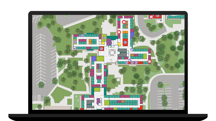 Ordinateur portable illustrant une image numérique d’un campus avec des carrés, des cercles et des arbres verts représentant une interface de gestion de l’espace
