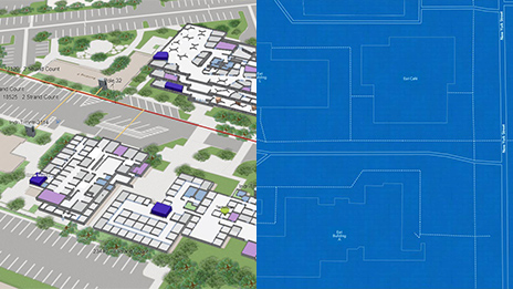 Représentations côte à côte d’un plan et d’une image SIG représentant un bâtiment blanc qui comporte des données avec des arbres verts et un parking gris