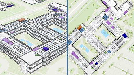 Images côte à côte de cartes indoor en 2D et 3D représentant un grand bâtiment avec des données et des carrés pour les bureaux