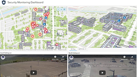 Série d’images comprenant une carte avec des points de données rouges, une carte numérique d’un vaste campus et un tableau de bord illustrant un SIG Indoor 