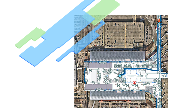 Formes colorées d’un plan d’étage flottant au-dessus de la carte indoor d’un aéroport avec un itinéraire de navigation en intérieur qui montre la position actuelle et le trajet à suivre.