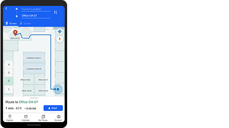 Téléphone portable illustrant le suivi du personnel de sécurité sous forme d’un point bleu sur une carte indoor avec la localisation en temps réel.