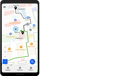 Téléphone portable avec une carte indoor, illustrant une navigation en intérieur d’un point à un autre.
