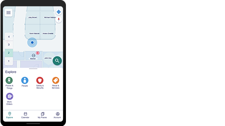 Téléphone portable avec une carte indoor, illustrant un point bleu qui indique le positionnement en intérieur d’une personne dans une installation.