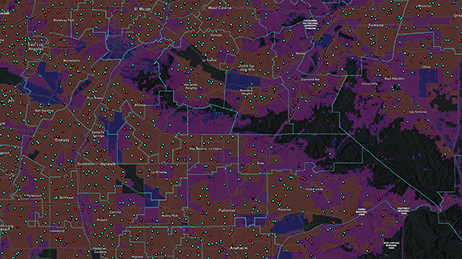 Carte d’un État dont les districts sont délimités en blanc sur un arrière-plan marron et violet