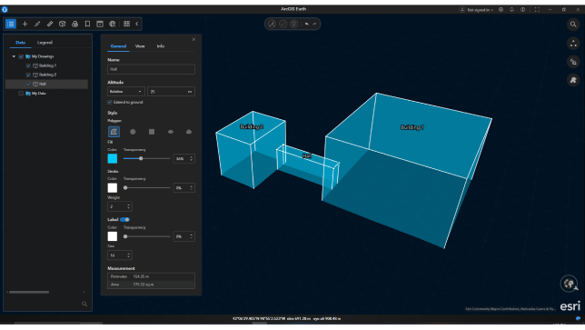 Formes 3D blueues représentant des bâtiments en cours de création dans ArcGIS Earth sous forme de fichier KML