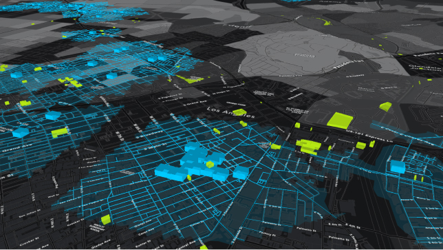 Plan de ville en 3D avec les étiquettes des noms de rue, des lignes bleues connectées pour les routes, des bâtiments bleus en 3D et une symbologie personnalisée 