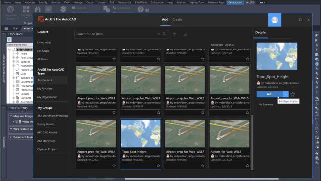 Huit boîtes contenant des images d’un terrain vert et lignes multicolores représentant les fonctionnalités dans ArcGIS for AutoCAD 