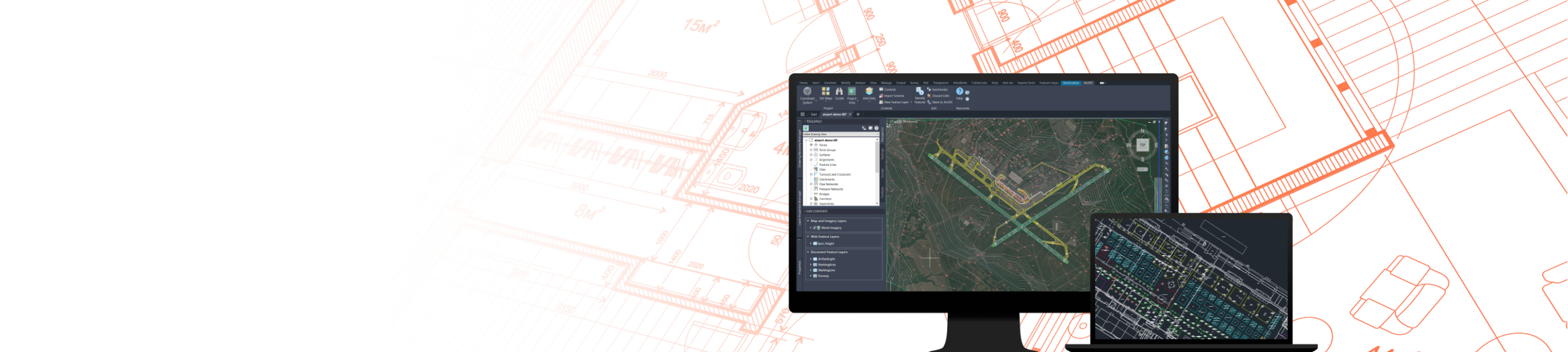 Écran d’ordinateur avec un dessin DAO d’une piste d’aéroport et ordinateur portable avec un dessin DAO d’un terminal aéroportuaire