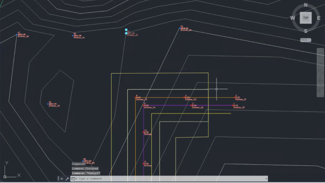 Série de lignes connectées et d’icônes rouges sur fond noir représentant un dessin DAO 2D d’une topographie