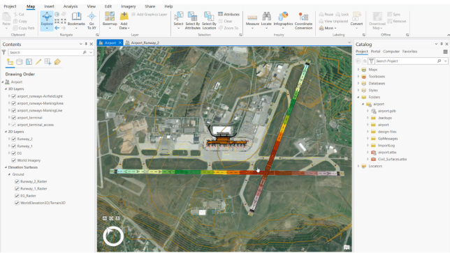 Herbe verte autour de bâtiments gris, représentant une piste d’aéroport recouverte d’une couche de données DAO au-dessus d'ArcGIS Pro