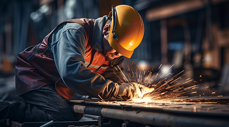 Personne portant des gants, une veste de sécurité orange et un casque jaune soudant une feuille de métal dans un grand atelier industriel 