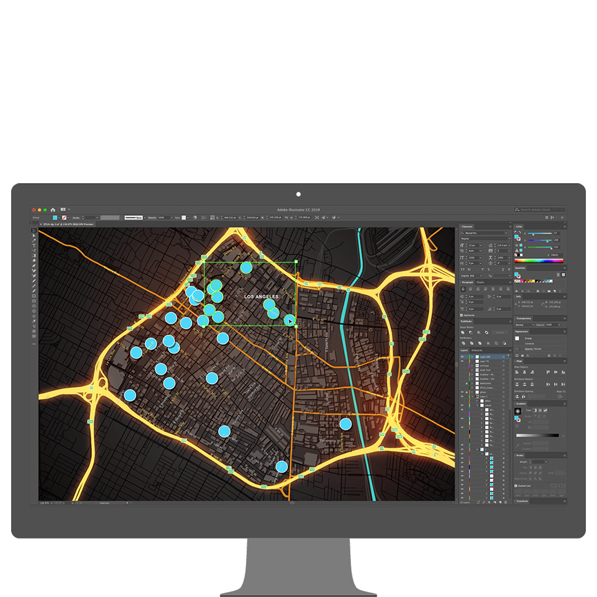 Écran d’ordinateur illustrant une carte agrégée du centre-ville de Los Angeles ouverte dans une fenêtre Adobe Illustrator