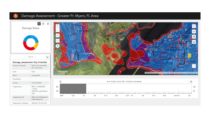 Carte numérique multicolore à côté d’un diagramme à secteurs et texte noir représentant un tableau de bord d’évaluation des dommages dans la ville de Sanibel 