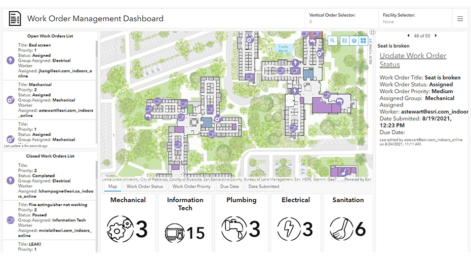 Tableau de bord de bons de travail avec la carte indoor d’un vaste campus, des données numériques et des icônes, ainsi que du texte lié au statut des bons de travail