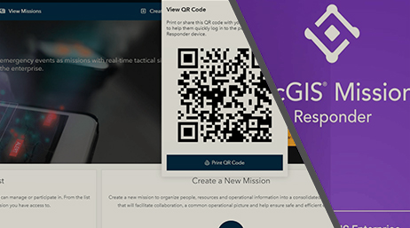 Plusieurs captures d’écran d’ArcGIS Mission, avec notamment un QR Code et une image affichant les mots « create a new mission »