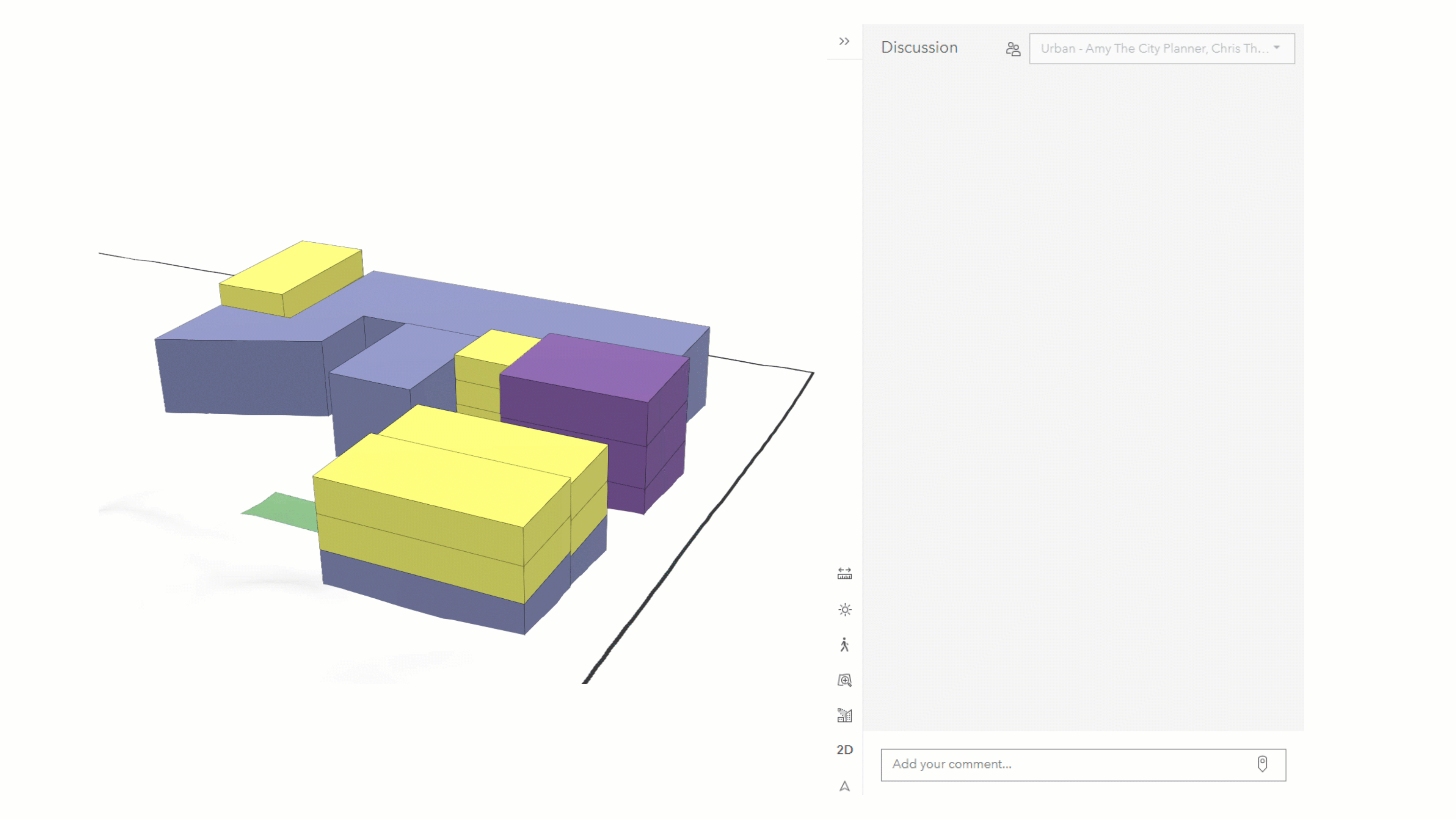 Animation GIF montrant l’ajout de commentaires à un modèle 3D avec un bâtiment jaune et violet en 3D, et une fenêtre contextuelle comportant du texte