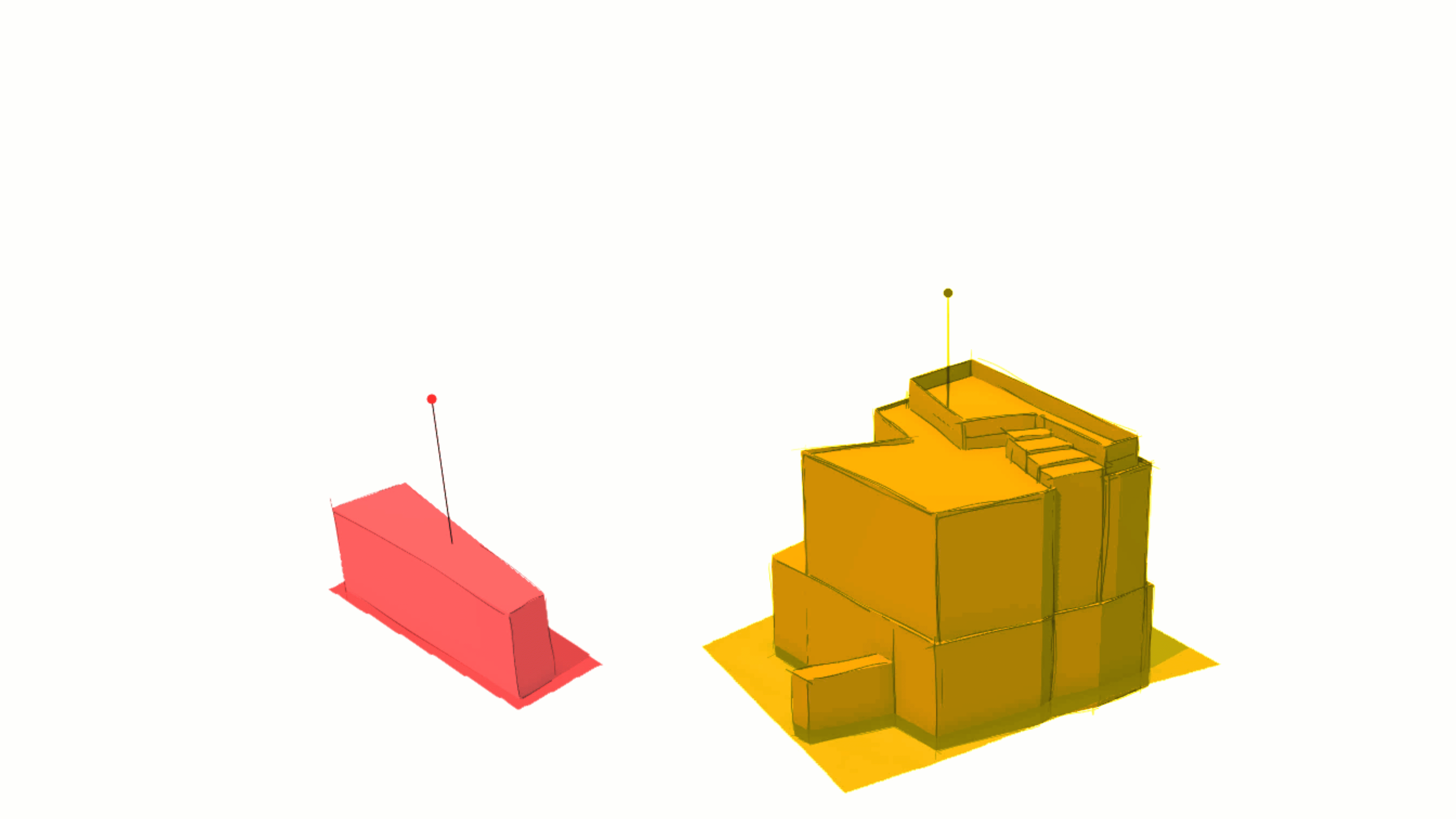 GIF montrant un bâtiment orange pâle et un bâtiment rouge en 3D mis en évidence en prévision de son développement
