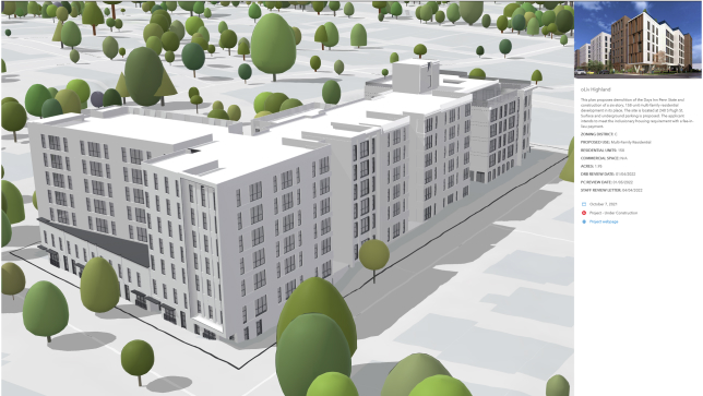 Rendu 3D d’un aménagement proposé avec un bâtiment gris, des arbres verts et la description des informations liées