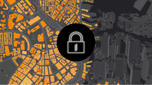 Carte avec des îlots de bâtiments orange, surmontée d’un symbole représentant un cadenas 