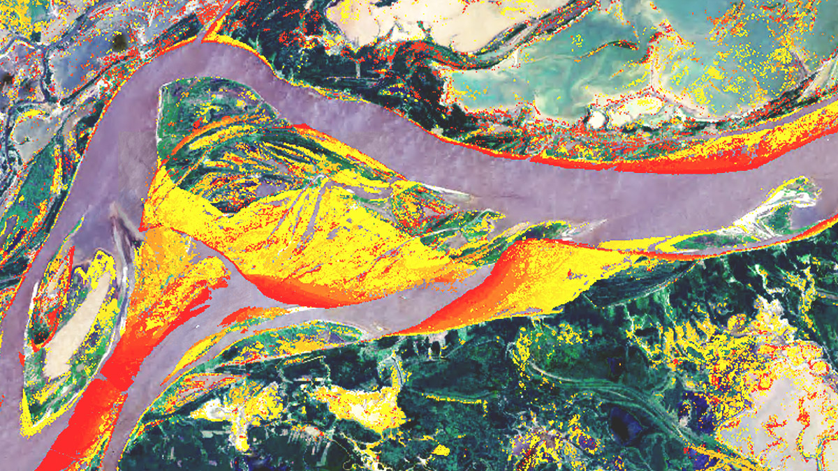 Une image de Landsat montre la morphologie évolutive dans une section de l’Amazone entre 1984 et 2021.